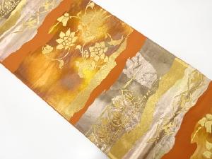 アンティーク　変わり横段に花鳥唐草模様織り出し袋帯（着用可）